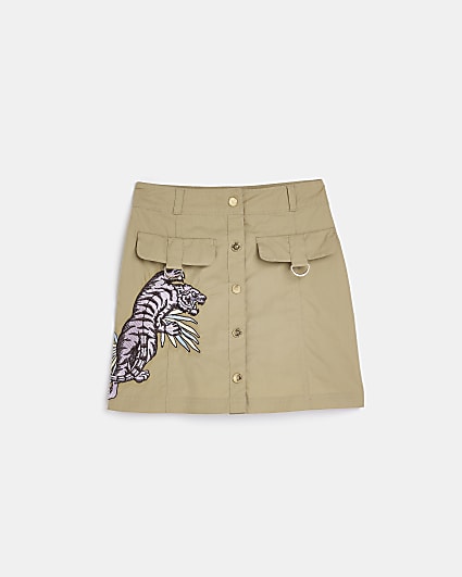 Girls Khaki Tiger Embroidered cargo Skirt