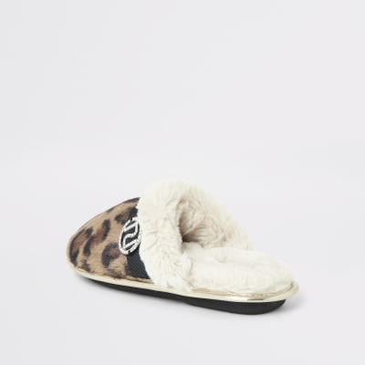 Girls leopard print faux fur mule 