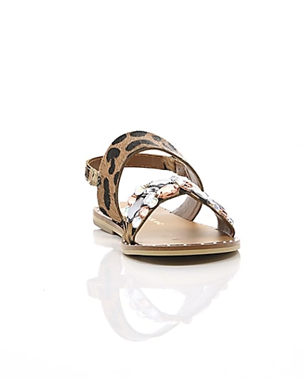 360 degree animation of product Girls leopard print gem sandals frame-4