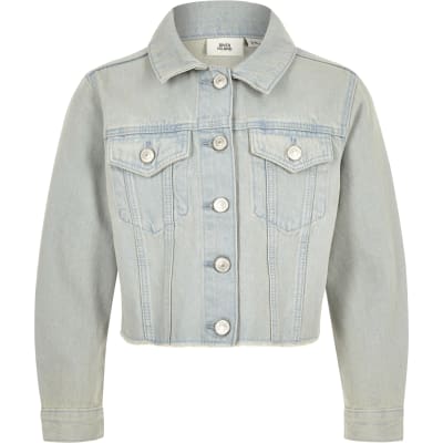 Girls light blue frayed hem denim jacket