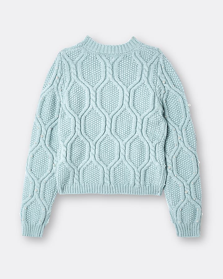 Girls light green pearl cable jumper