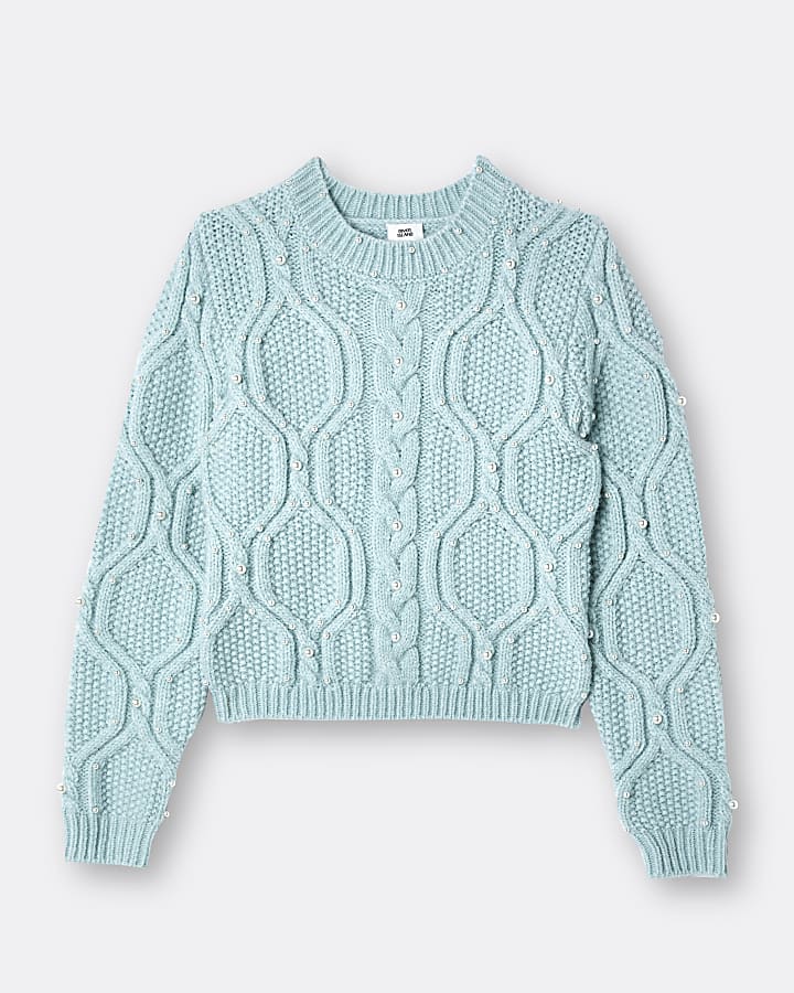 Girls light green pearl cable jumper