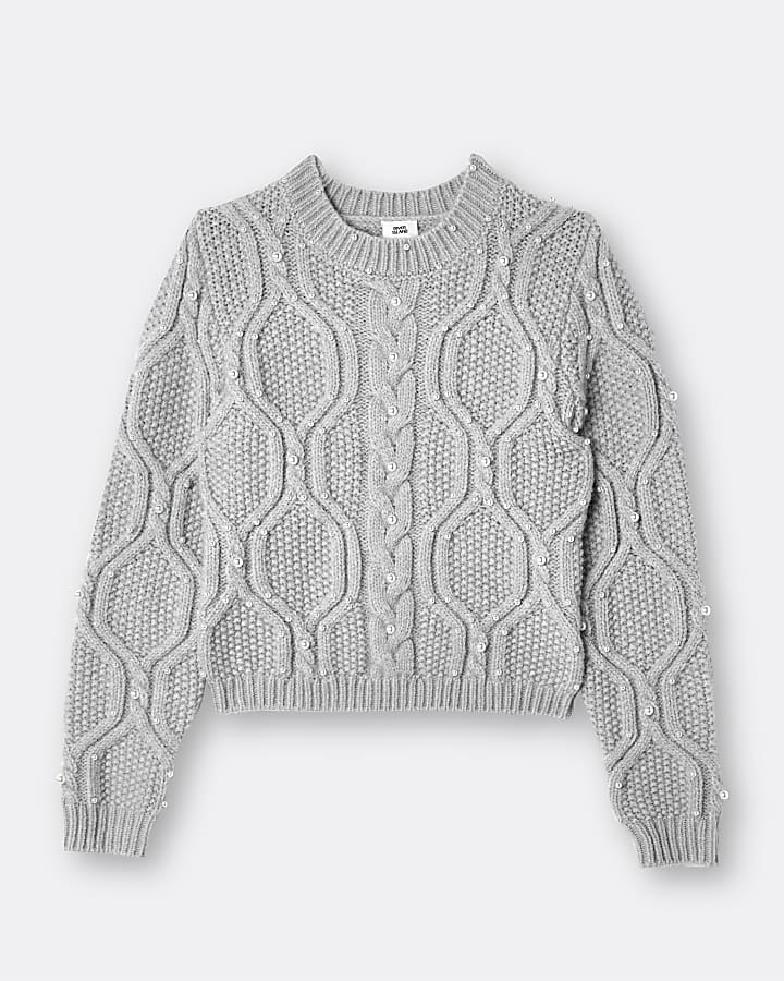 Girls light grey pearl cable jumper