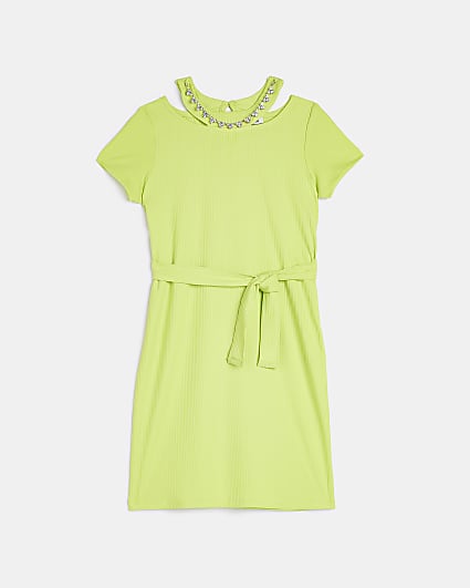 Girls Lime cut out embellished ribbed dress