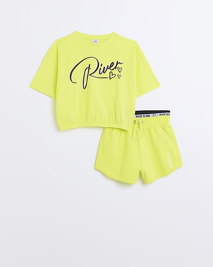 Girls lime graphic runner shorts set