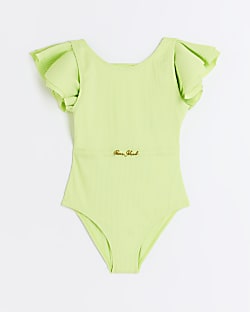 Girls lime ribbed frill sleeve swimsuit