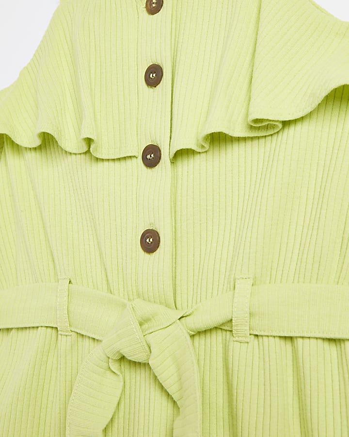 Girls lime tie waist frill ribbed playsuit