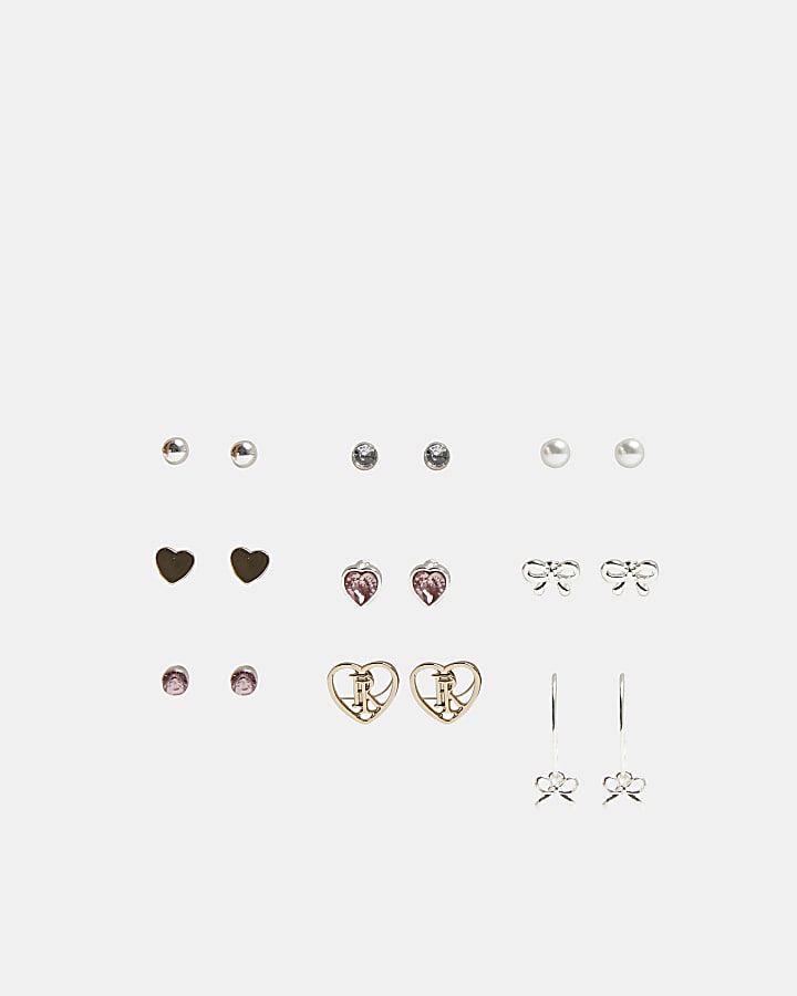 Girls metal heart and bow earrings 9 pack