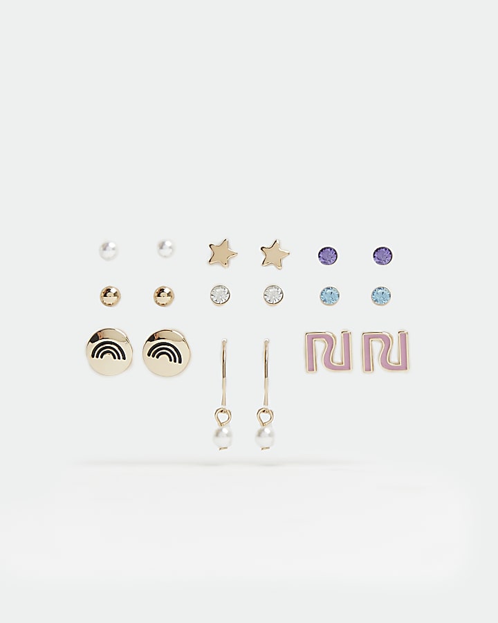 Girls metal multi design stud earrings 9 pack