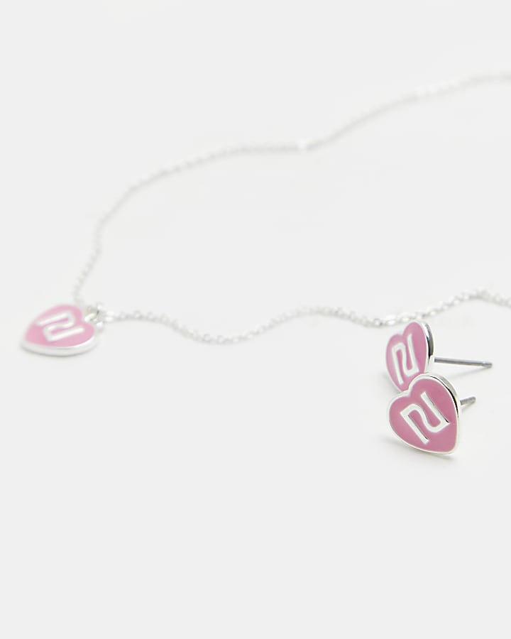 Girls metal RI heart necklace and earring set
