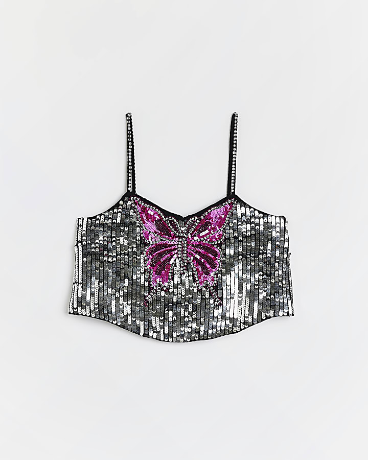 Girls Metallic Butterfly Sequin Cami Crop Top