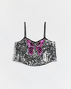 Girls Metallic Butterfly Sequin Cami Crop Top