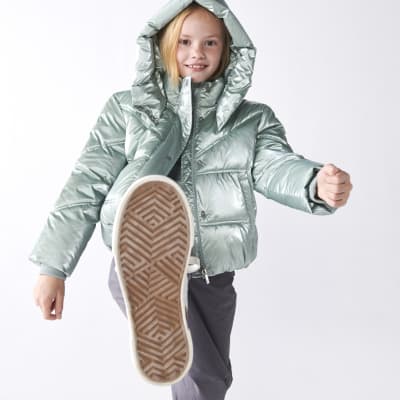 Girls mint hooded metallic puffer jacket | River Island