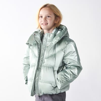 Girls mint hooded metallic puffer jacket | River Island