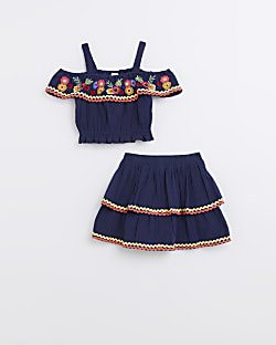 Girls navy bardot embroidered skirt outfit