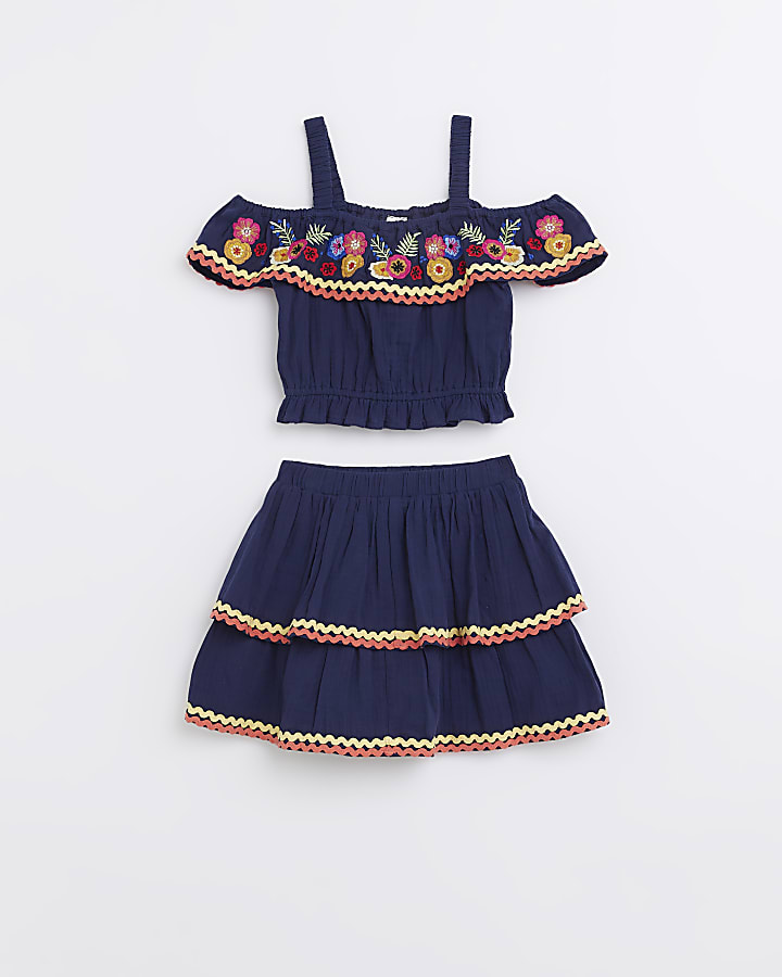 Girls navy bardot embroidered skirt outfit
