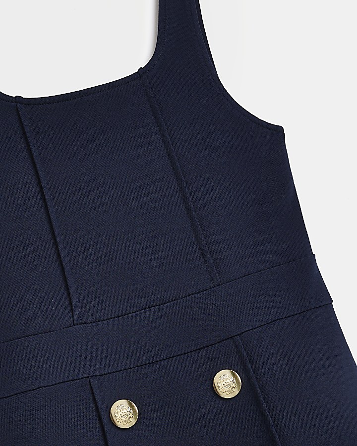 Girls navy button detail pinafore dress