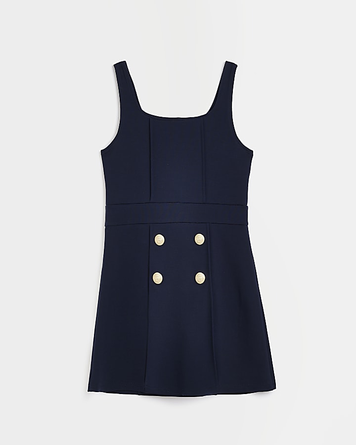 Girls navy button detail pinafore dress