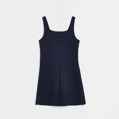 Girls navy button detail pinafore dress