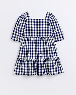 Girls navy check floral tiered smock dress