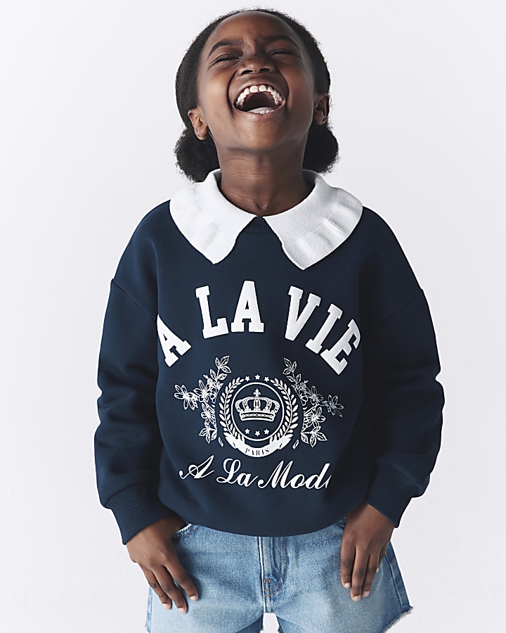 Girls navy graphic collared sweatshirt