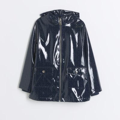 Girls navy holographic hooded rain coat River Island