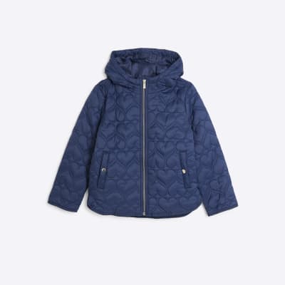 Girls Navy Hooded Heart Padded Coat River Island