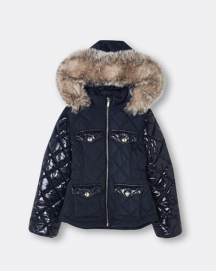 Girls navy quilted puffer coat