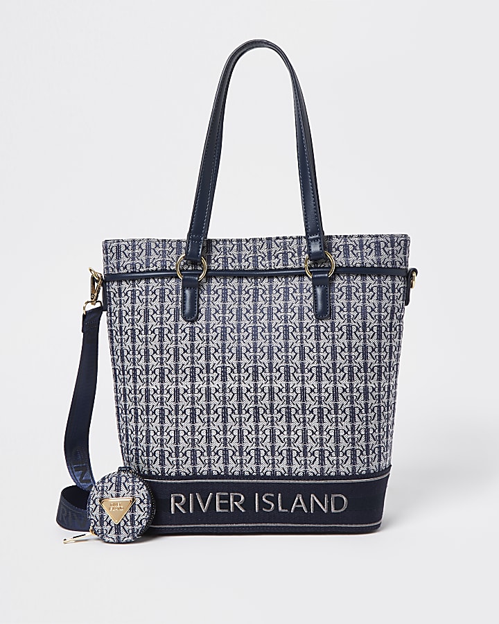 Girls navy RIR jacquard navy shopper bag