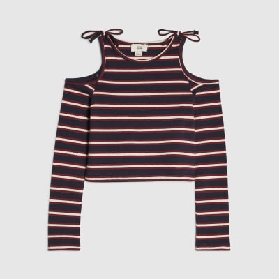 Girls Navy Stripe Cold Shoulder Top