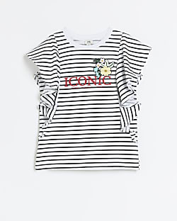 Girls navy stripe frill t-shirt