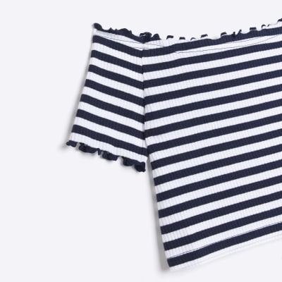 Girls Navy Stripe Lettuce Hem Bardot Top