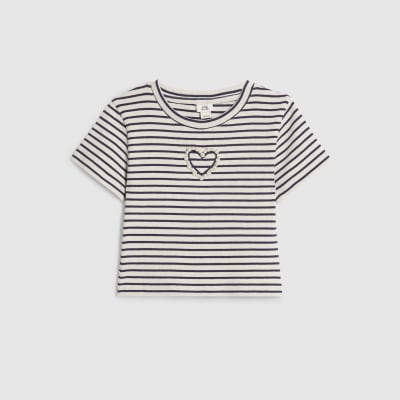 Girls Navy Stripe Pearl Heart T-Shirt