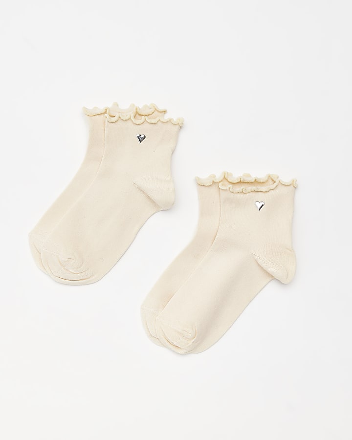 Girls neutral lettuce hem socks 2 Pack River Island Girls Clothing Underwear Socks 