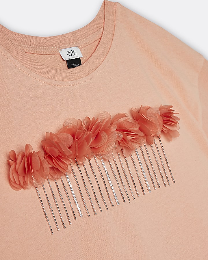 Girls orange 3D flower chain trim t-shirt