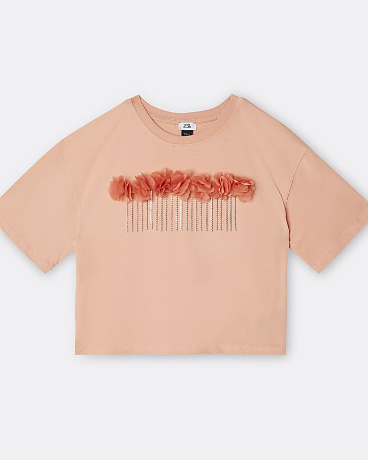 Girls orange 3D flower chain trim t-shirt