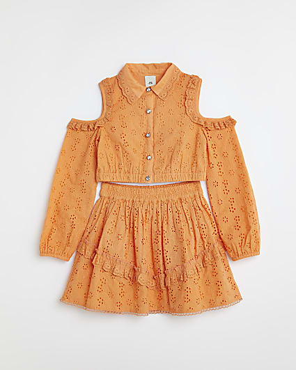 Girls orange broderie cut out shirt outfit