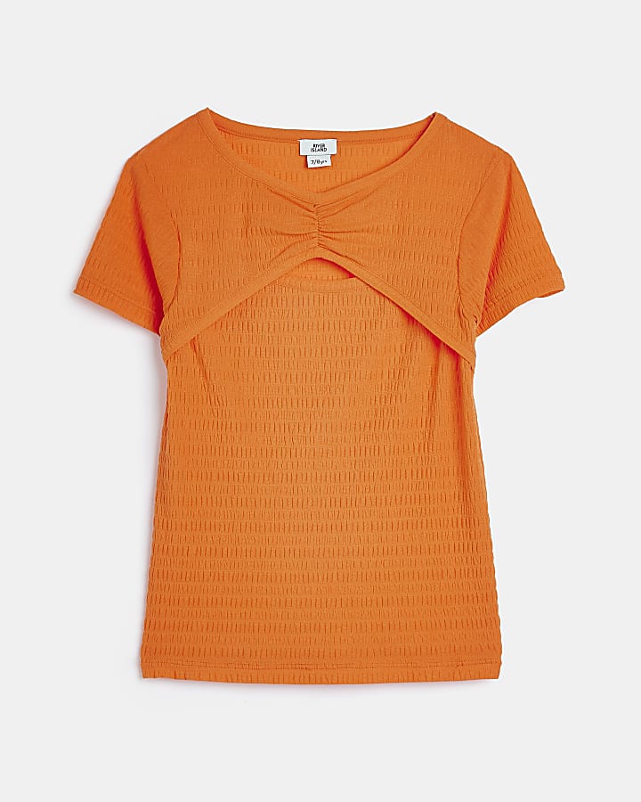 Girls orange cutout textured t-shirt