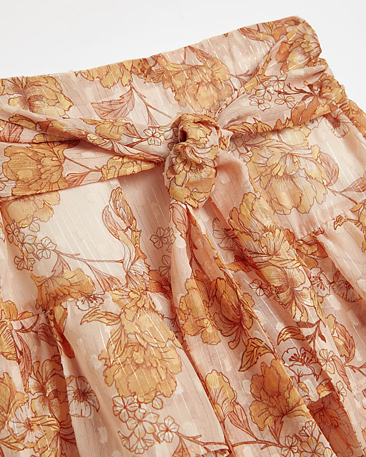 Girls orange floral belted tiered rara skirt