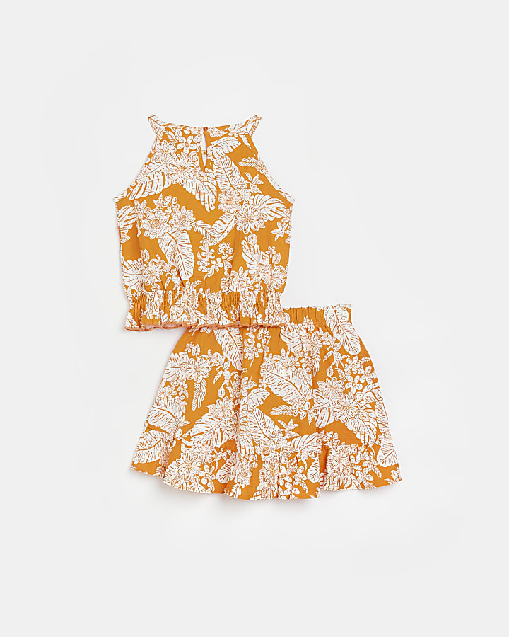 Girls Orange Floral Halter Top and Skirt Set
