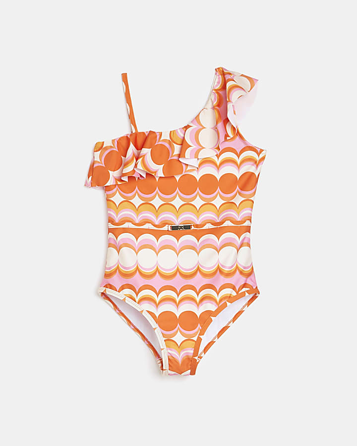 Girls orange geometric asymmetric swimsuit