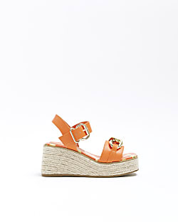 Girls orange gold hardware wedge sandals