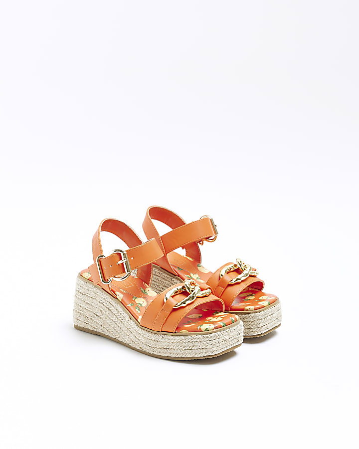 Girls orange gold hardware wedge sandals