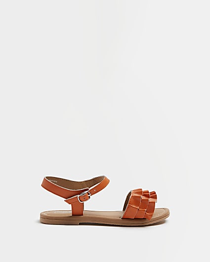 Girls orange leather ruffle sandals