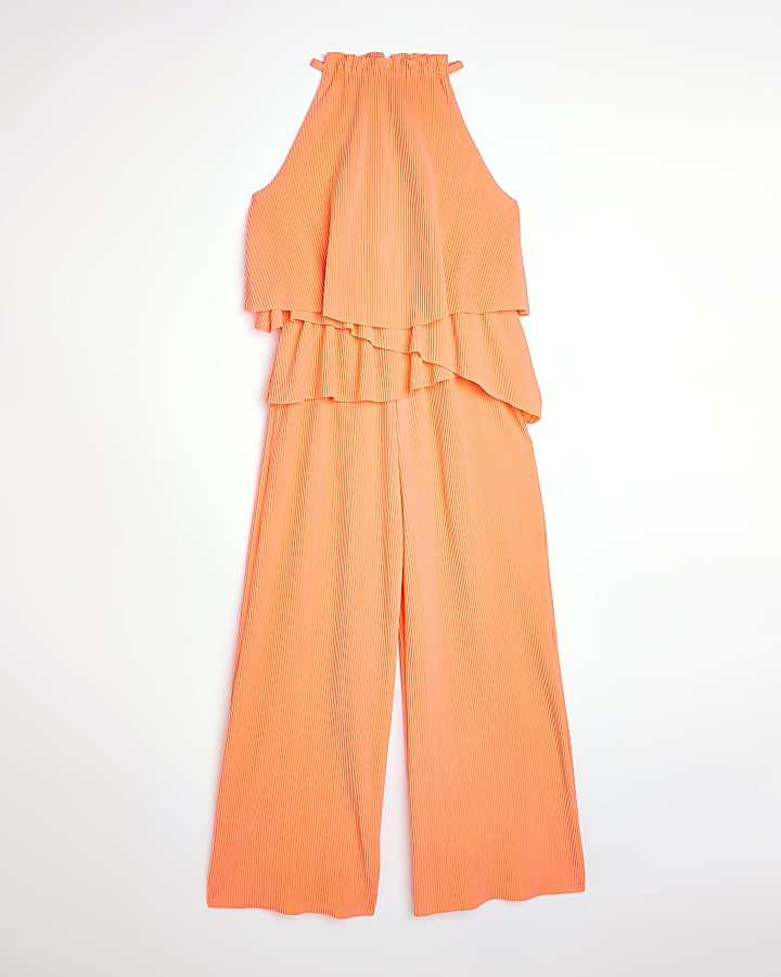 Girls orange Plisse Jumpsuit