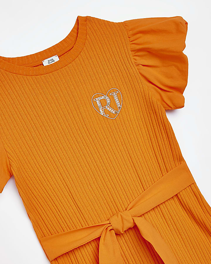 Girls Orange Puff Sleeve Hybrid Dress
