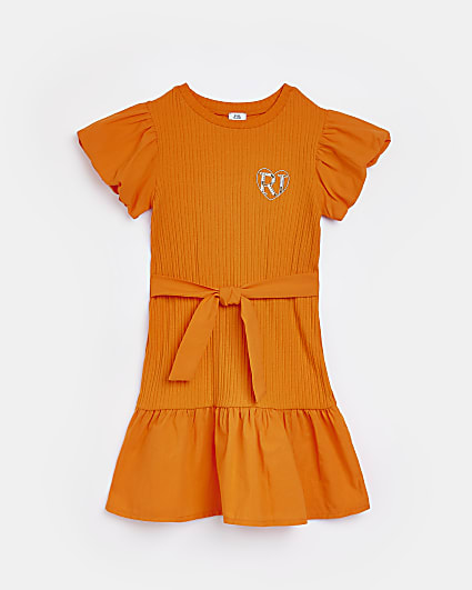 Girls Orange Puff Sleeve Hybrid Dress