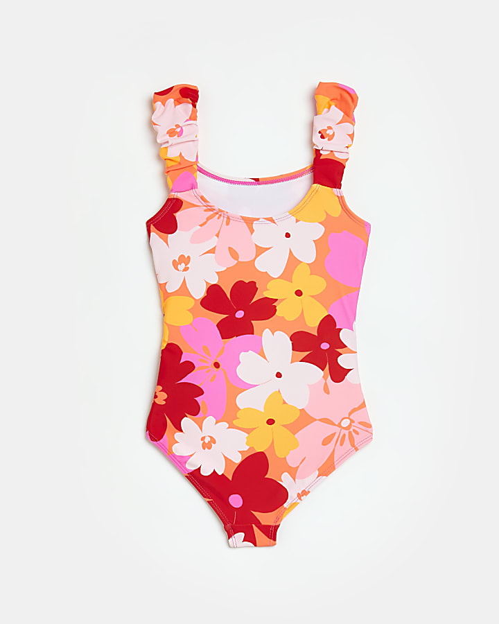 Girls orange RI branded floral swimsuit