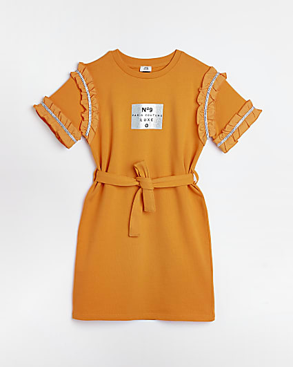 Girls orange ruffle belted t-shirt dress
