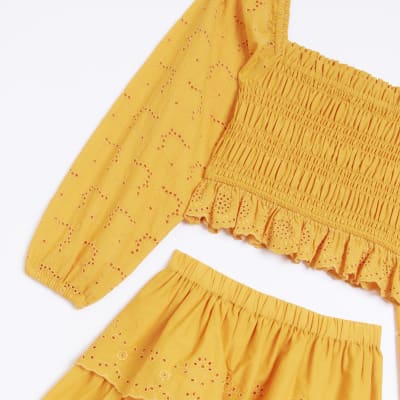 Girls Orange Shirred Broderie Skirt Set